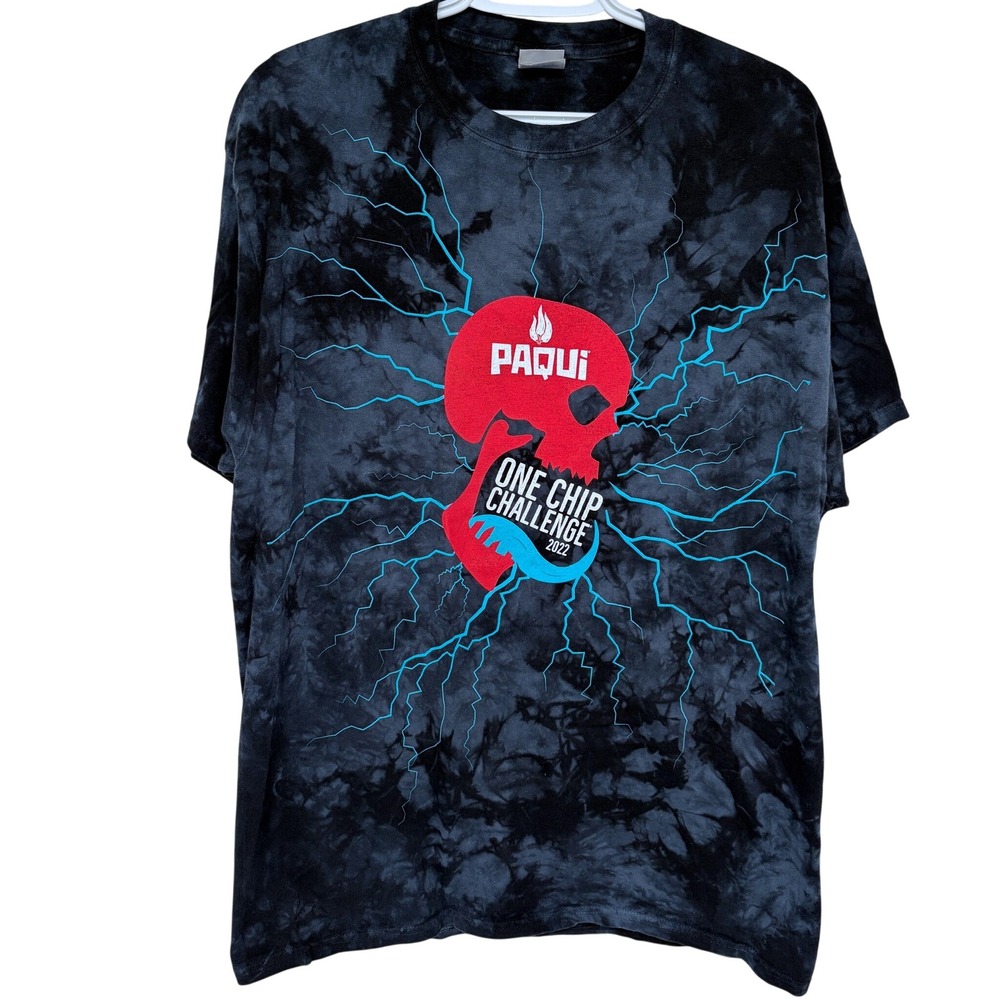 Paqui One Chip Challenge T Shirt Lg AOP Blue Lightning Skull Grim Limited 2022